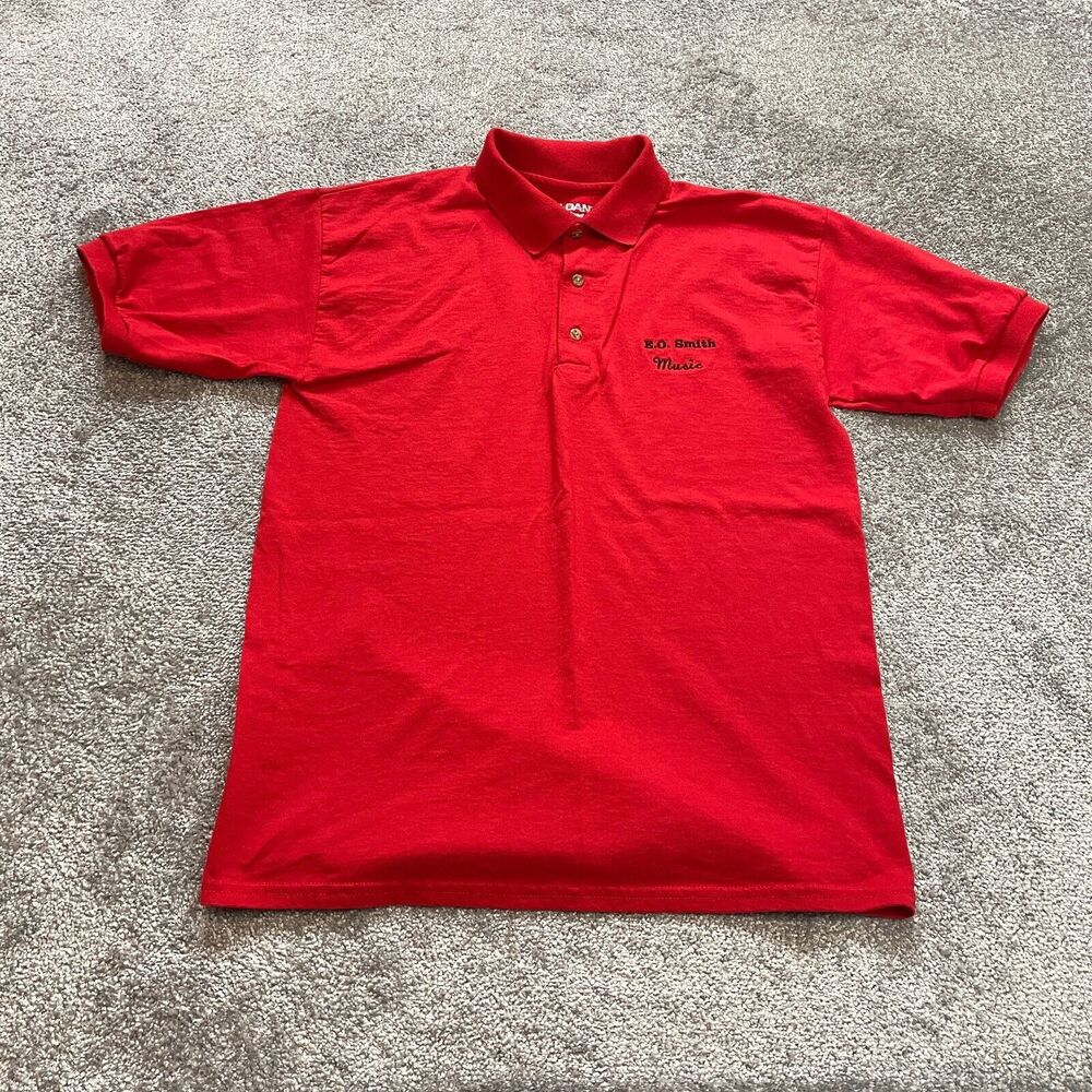 Gildan Dry Blend polo Shirt Mens Large Red Collared EO Smith Music Logo Rugby